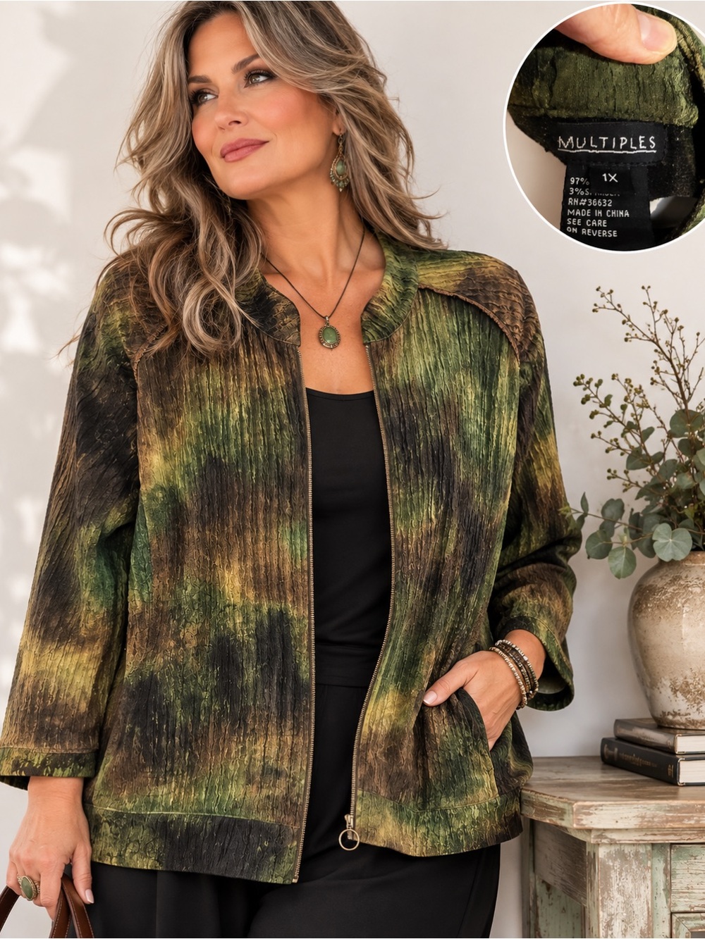 Multiples 1X Green Brown Multi-Color Zip Front Jacket